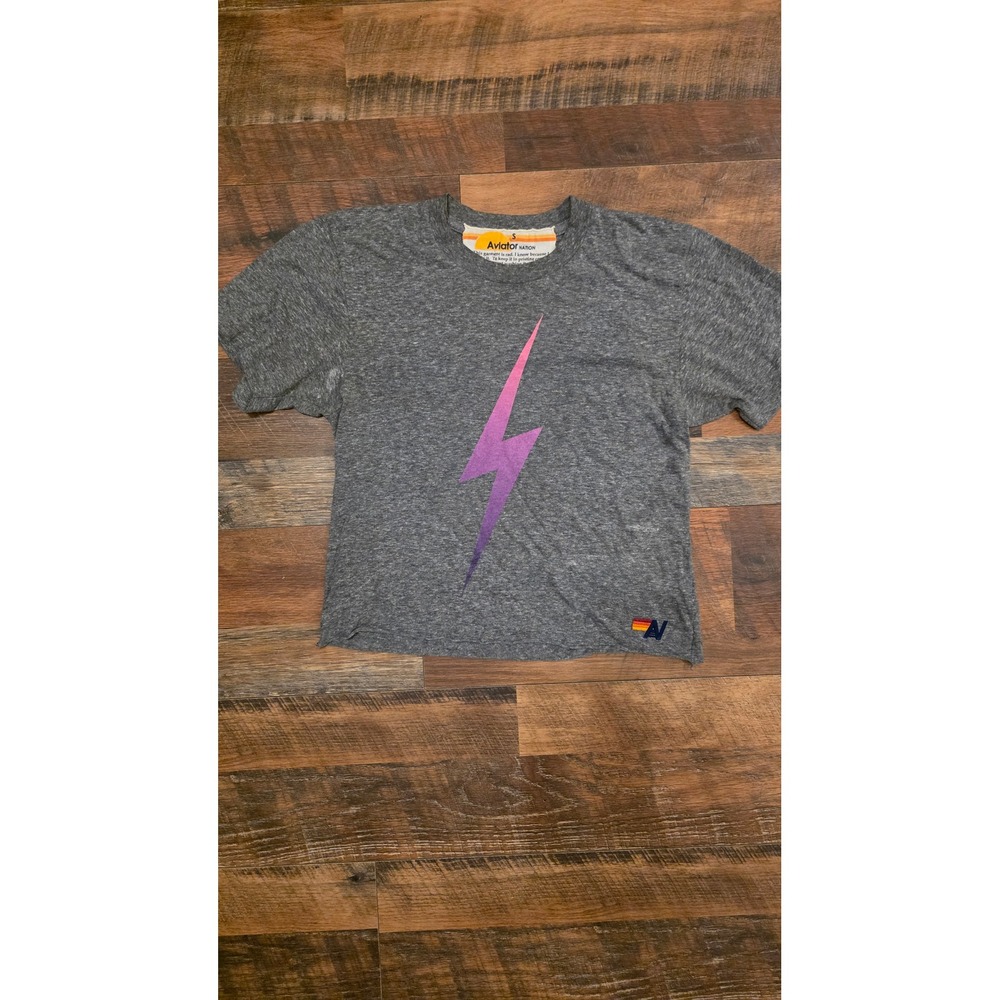 Aviator Nation Lightning Bolt Crop Tee Grey Purple Retro Logo Shirt Small